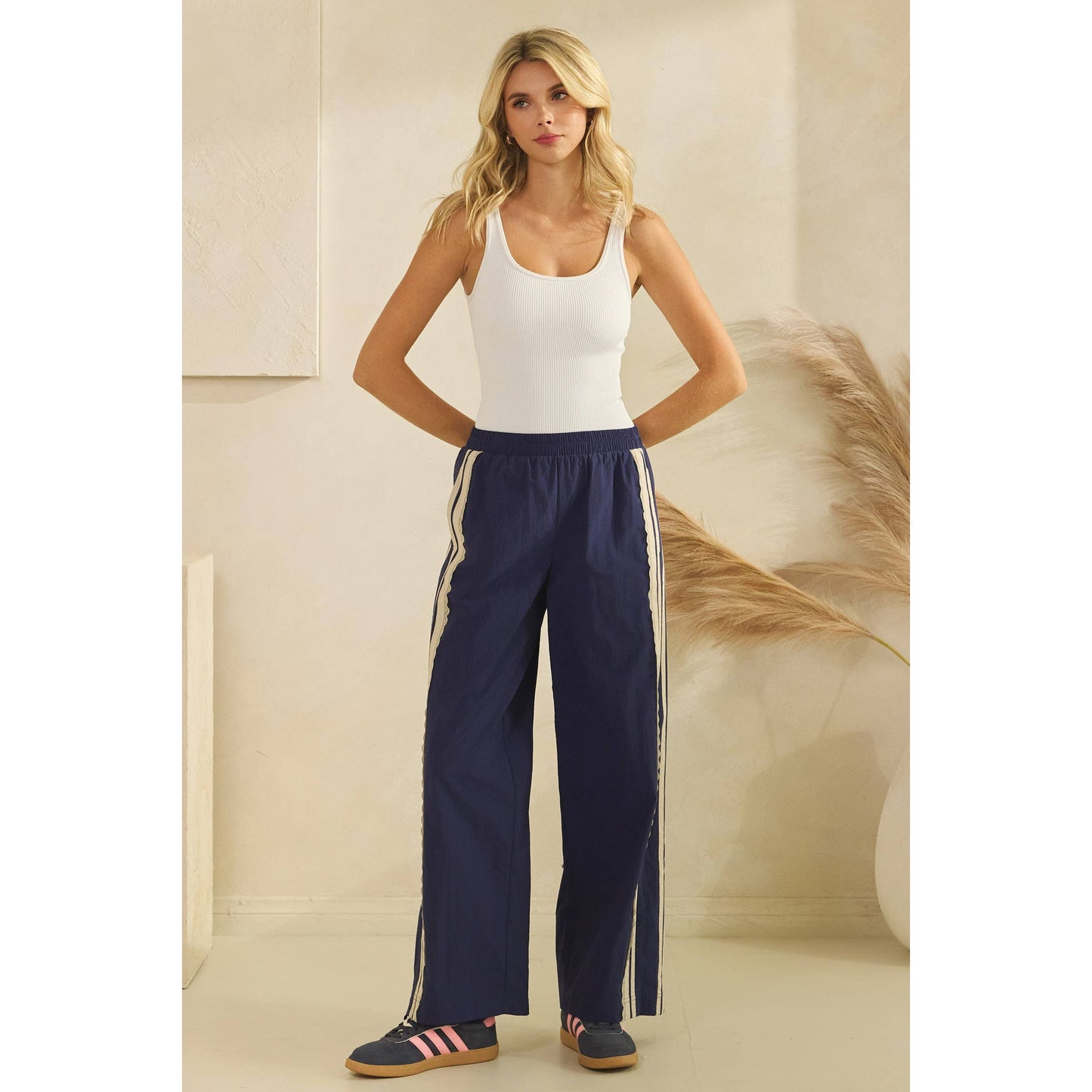 Stripe Nylon Pants with Lace Details
