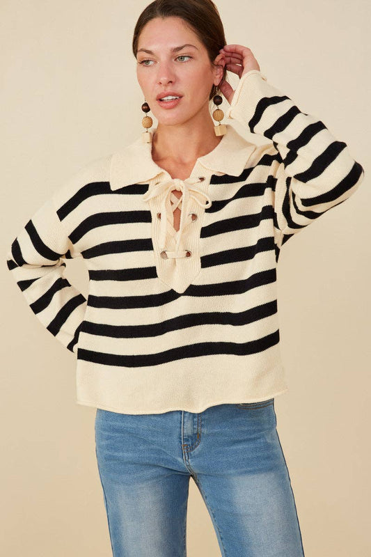 Size Inclusive:Lace Up Striped Sweater