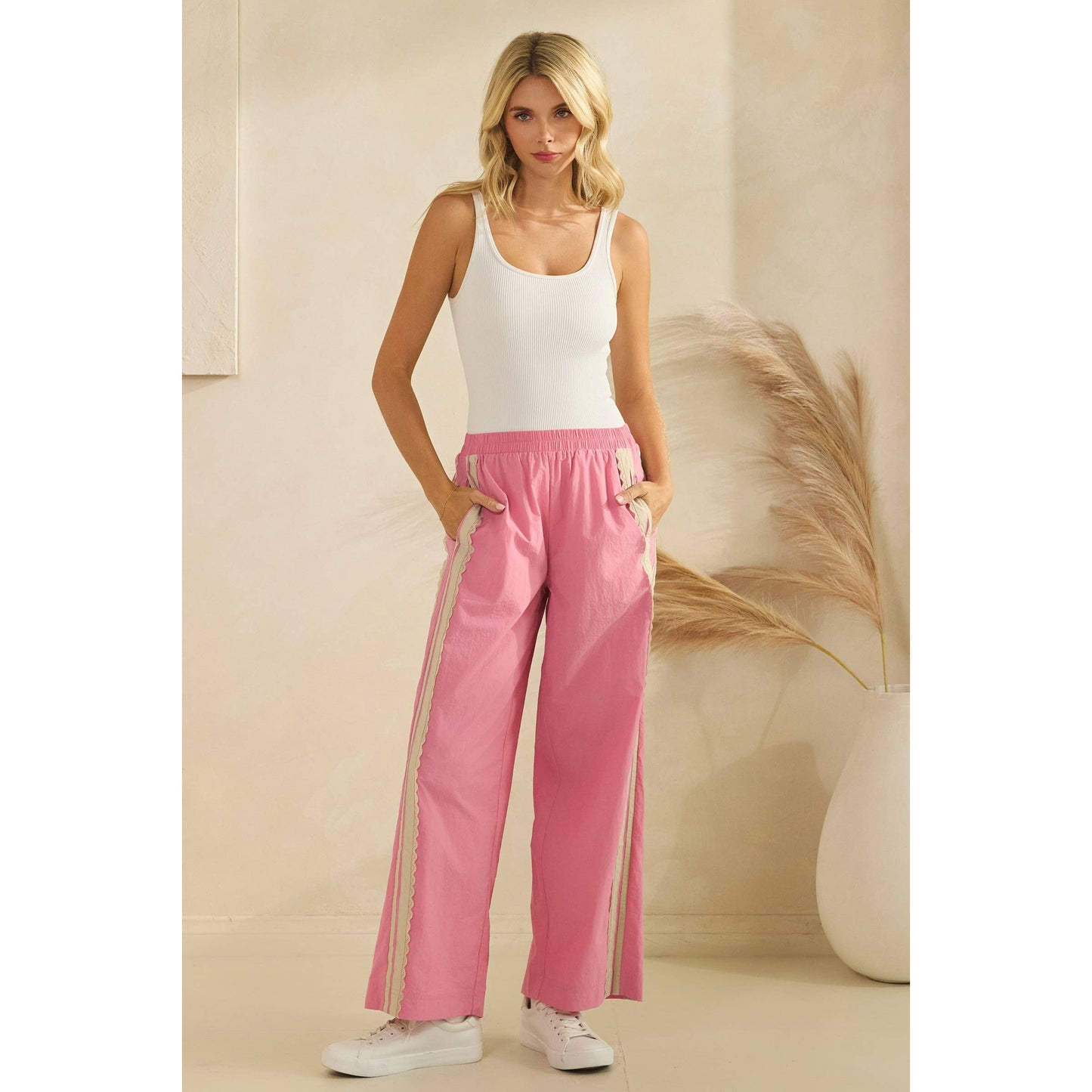 Stripe Nylon Pants with Lace Details