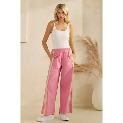Stripe Nylon Pants with Lace Details