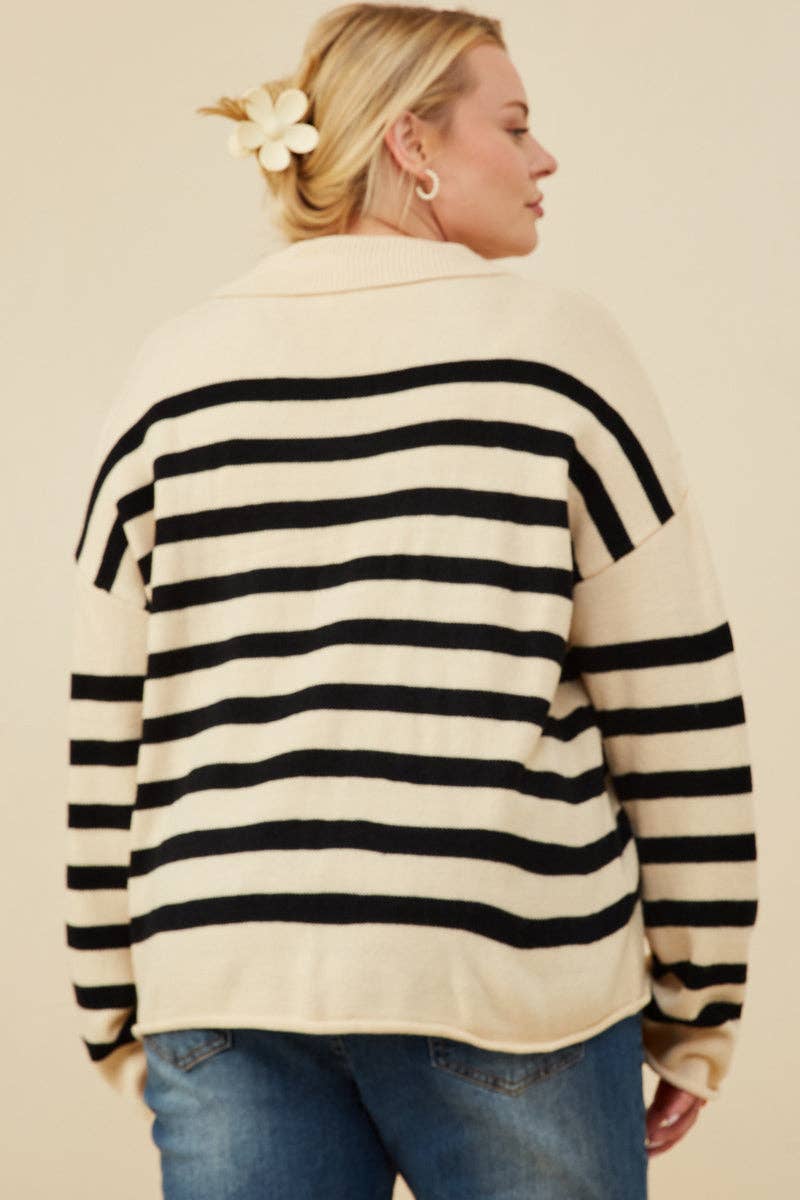 Size Inclusive:Lace Up Striped Sweater