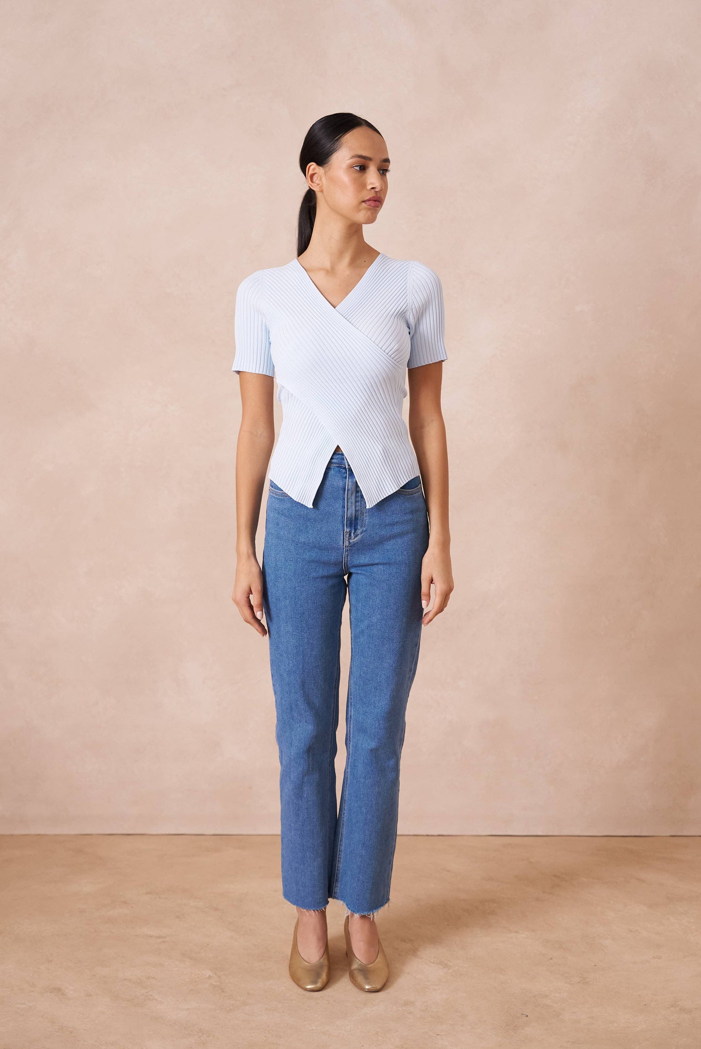 Ribbed knit wrap T-shirt - 0590