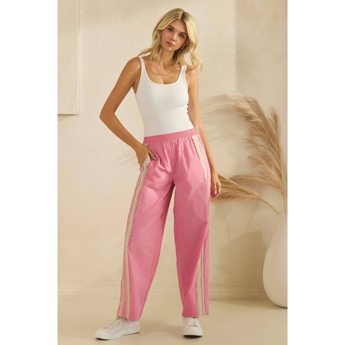 Stripe Nylon Pants with Lace Details