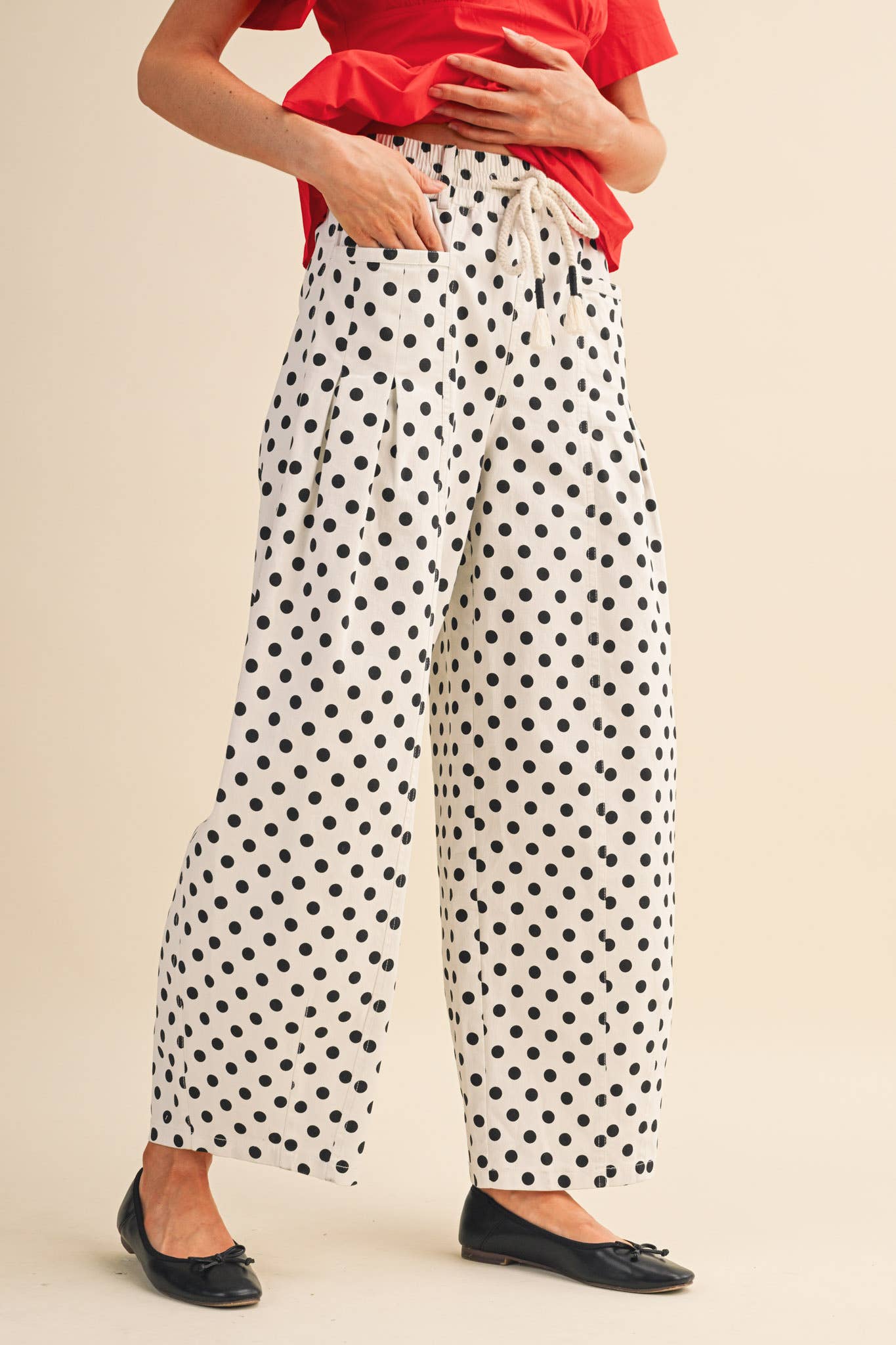 Polka Dot Pleated Barrel Pants - 3 Colors Available