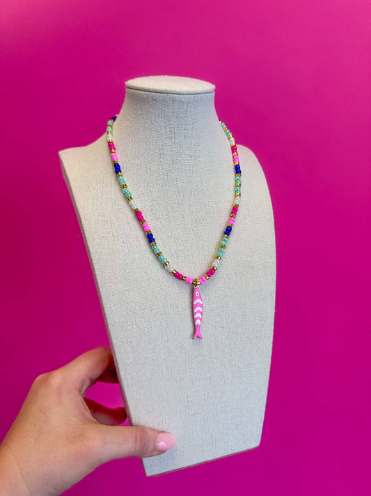 Multi Bead Fish Necklace - Pink