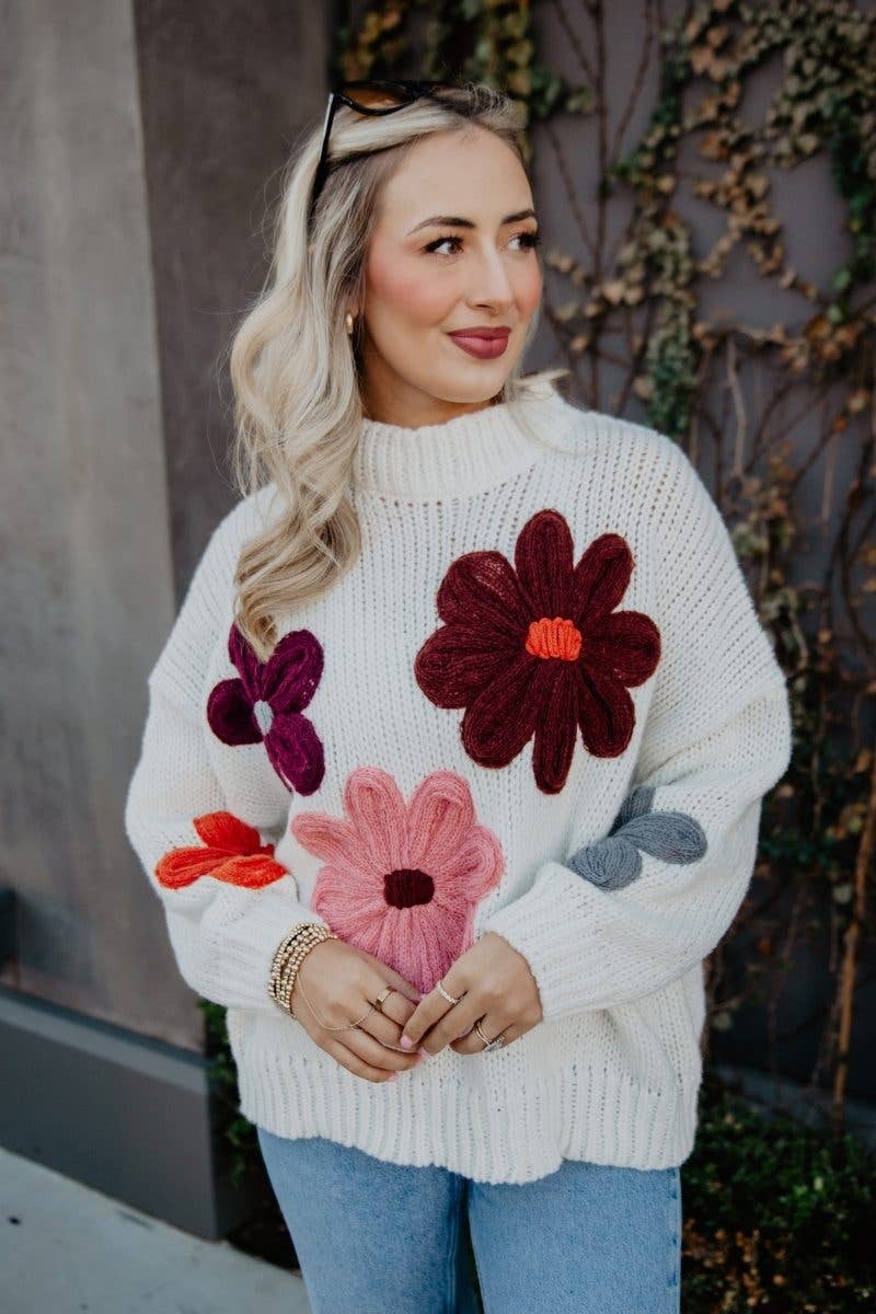 White Floral Fall Stitched Sweater
