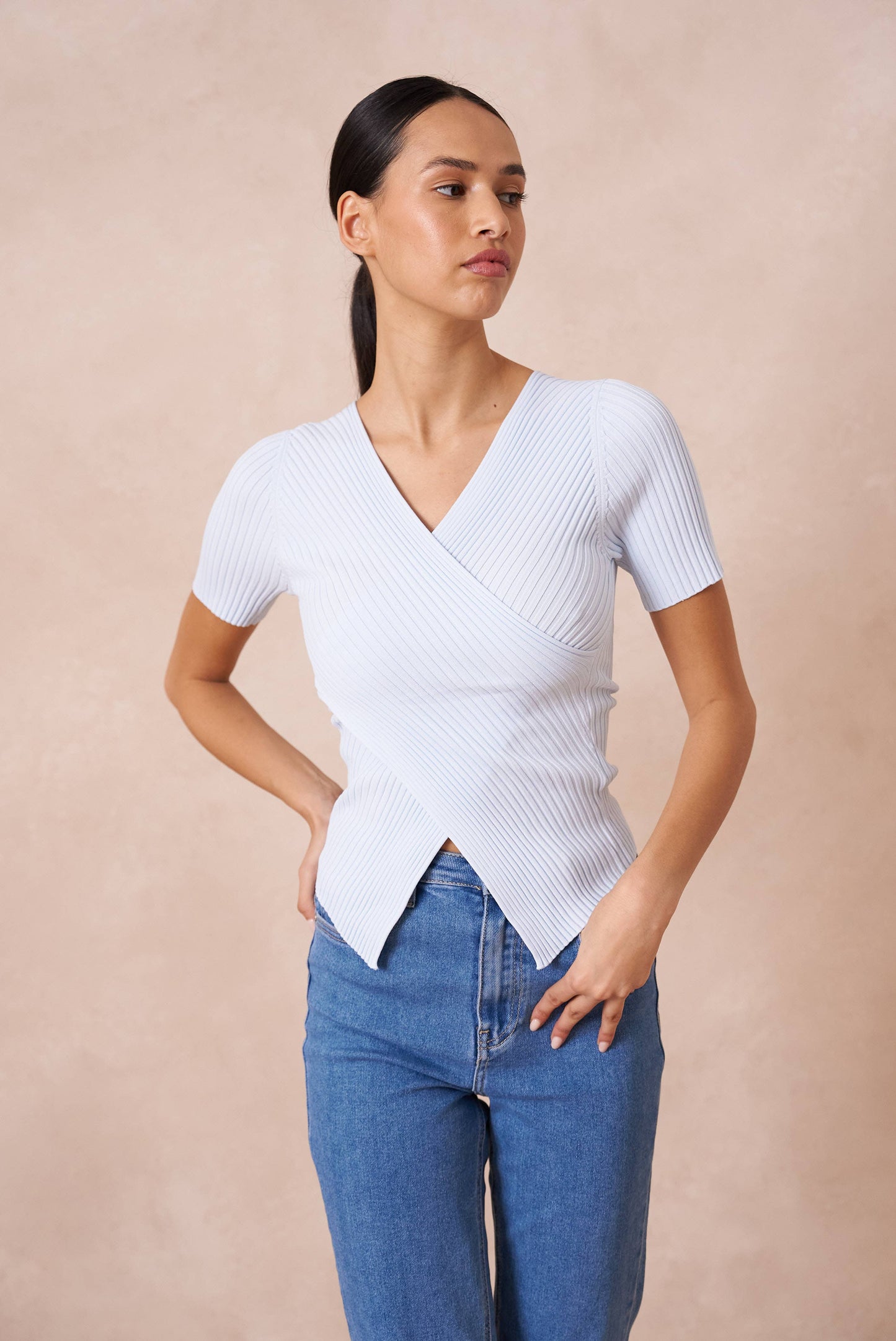 Ribbed knit wrap T-shirt - 0590