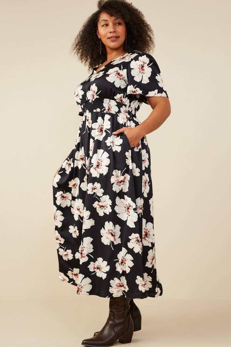 Size Inclusive: Floral Smocked Waist Slit Detail Dress