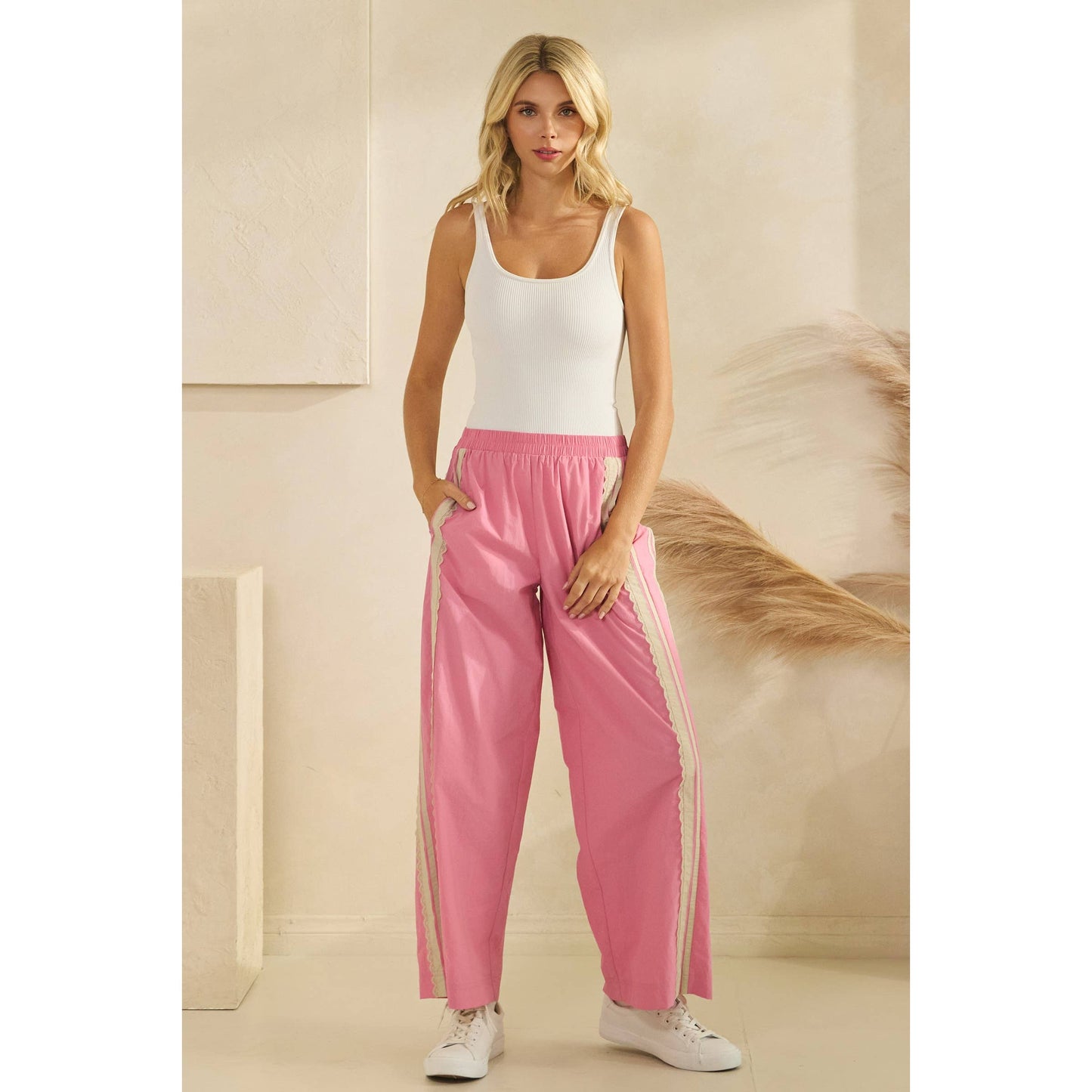 Stripe Nylon Pants with Lace Details