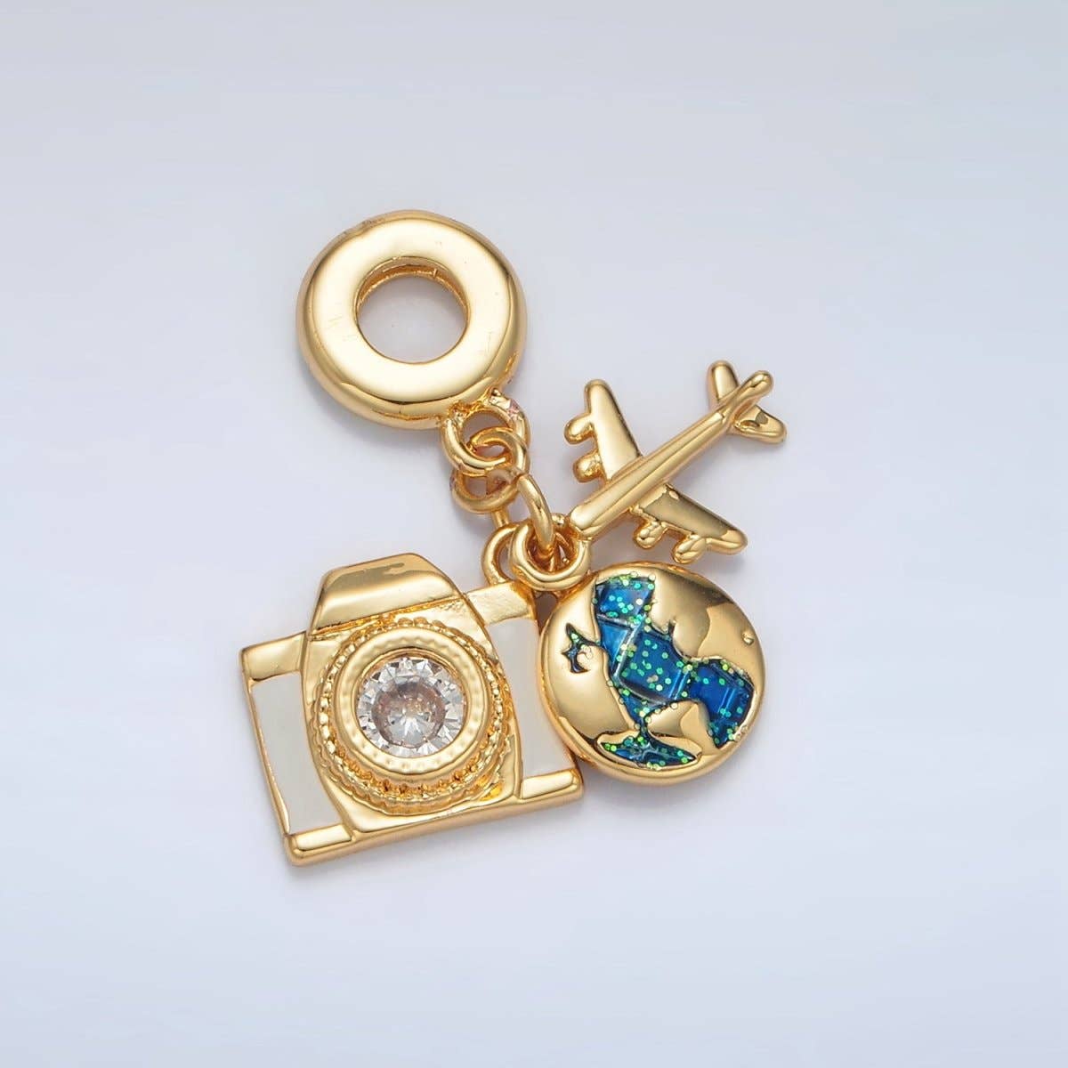 24K Gold Filled Camera Globe Airplane Rhondelle Bail Triple Travel Drop Pendant | AC083