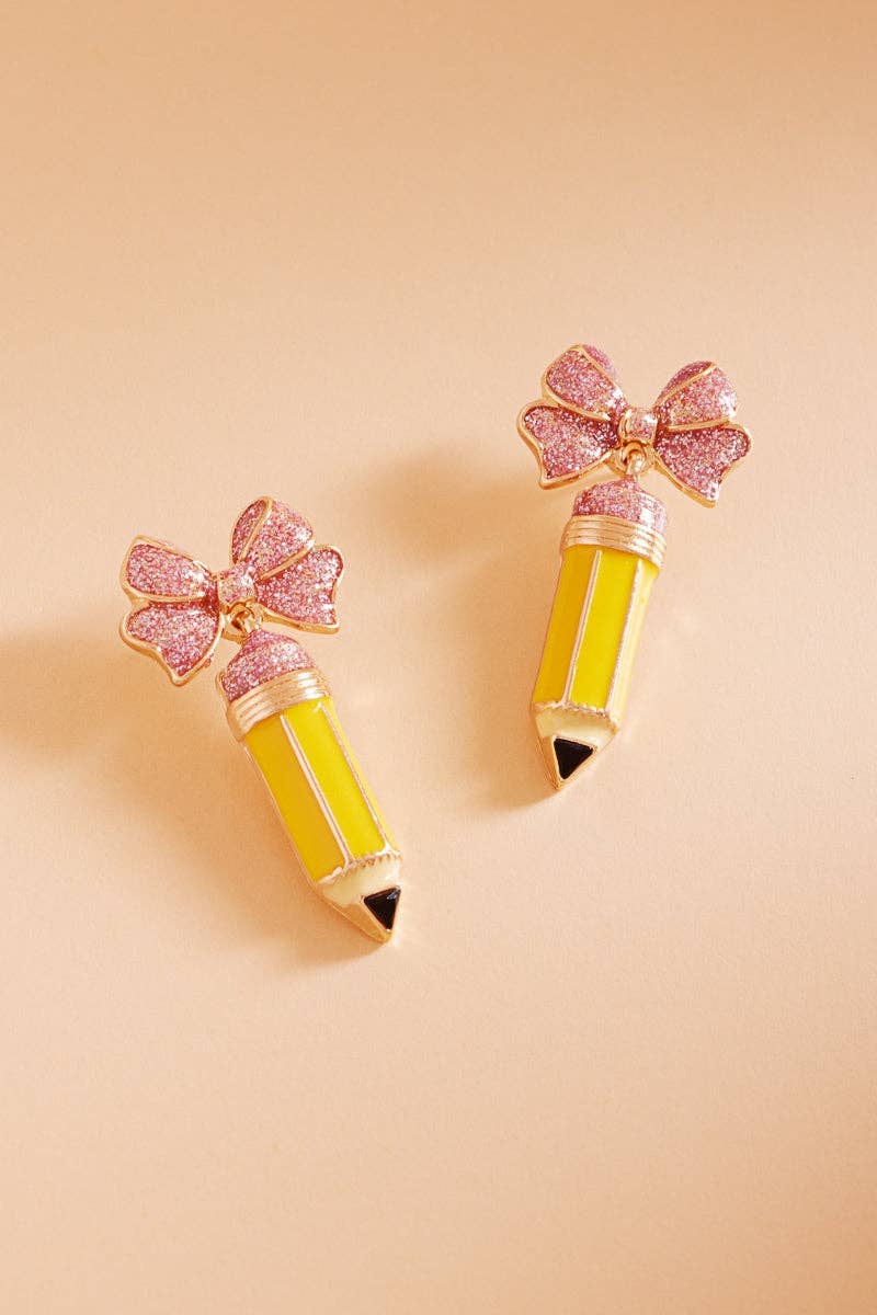 Teachers Day School Pencil Enamel Bow Post Earrings