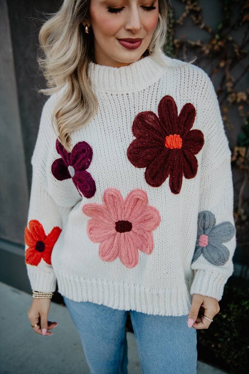 White Floral Fall Stitched Sweater