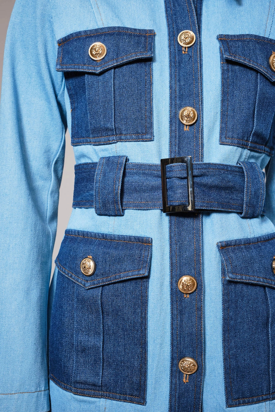 Two Tone Belted Denim Twill Jacket with Pockets