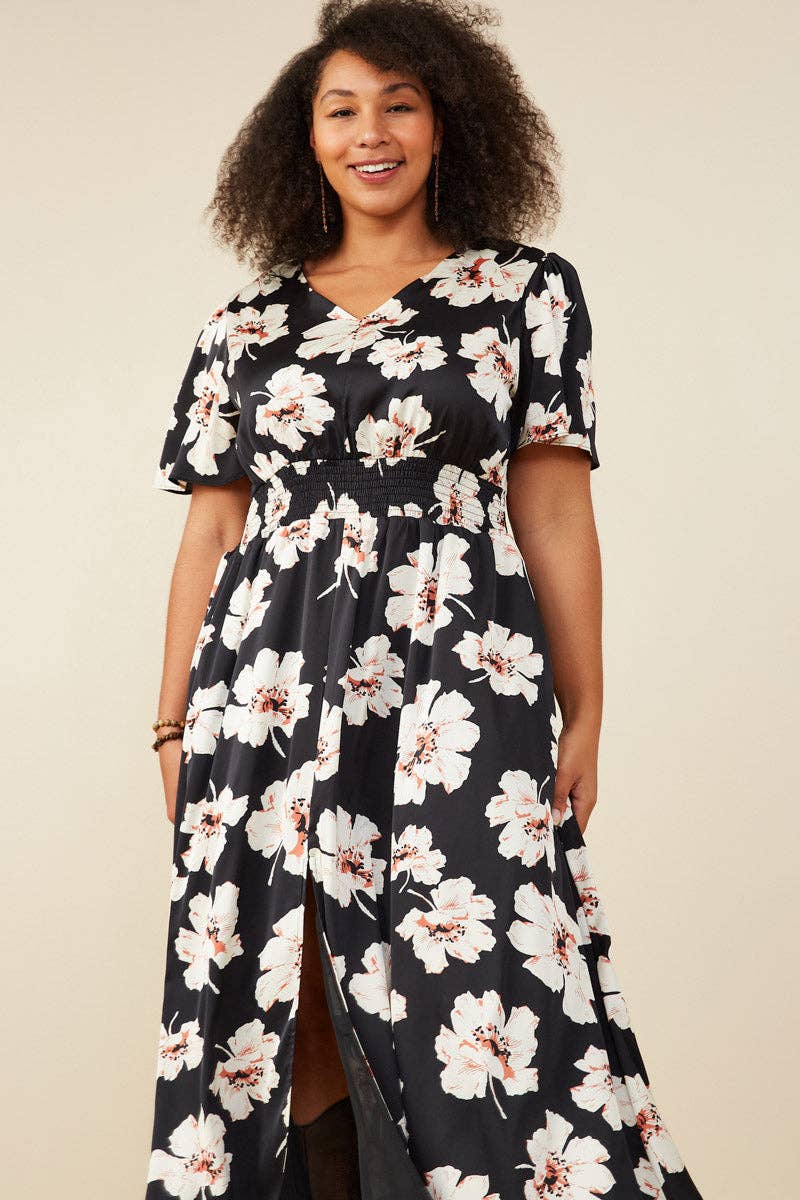Size Inclusive: Floral Smocked Waist Slit Detail Dress