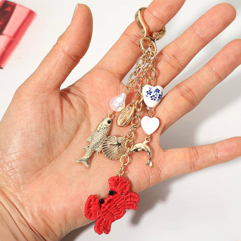 Crab Fish Sand Dollar Heart Pearl Charm Embellished Keychain Bag Charm