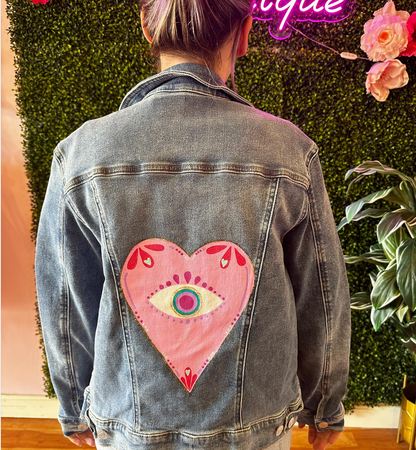 Hand Painted Denim: Pink Evil Eye